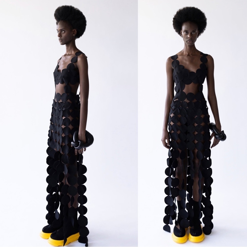 A.W.A.K.E. Mode Crepe Multi Circle Asymmetric Dress Black - Picture 3 of 16